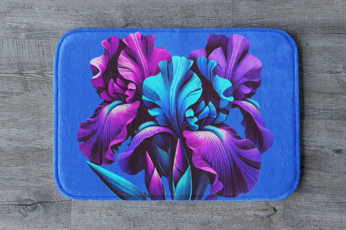 Vibrant Neon Iris Bath Mat — Blue & Purple Floral Bathroom Rug