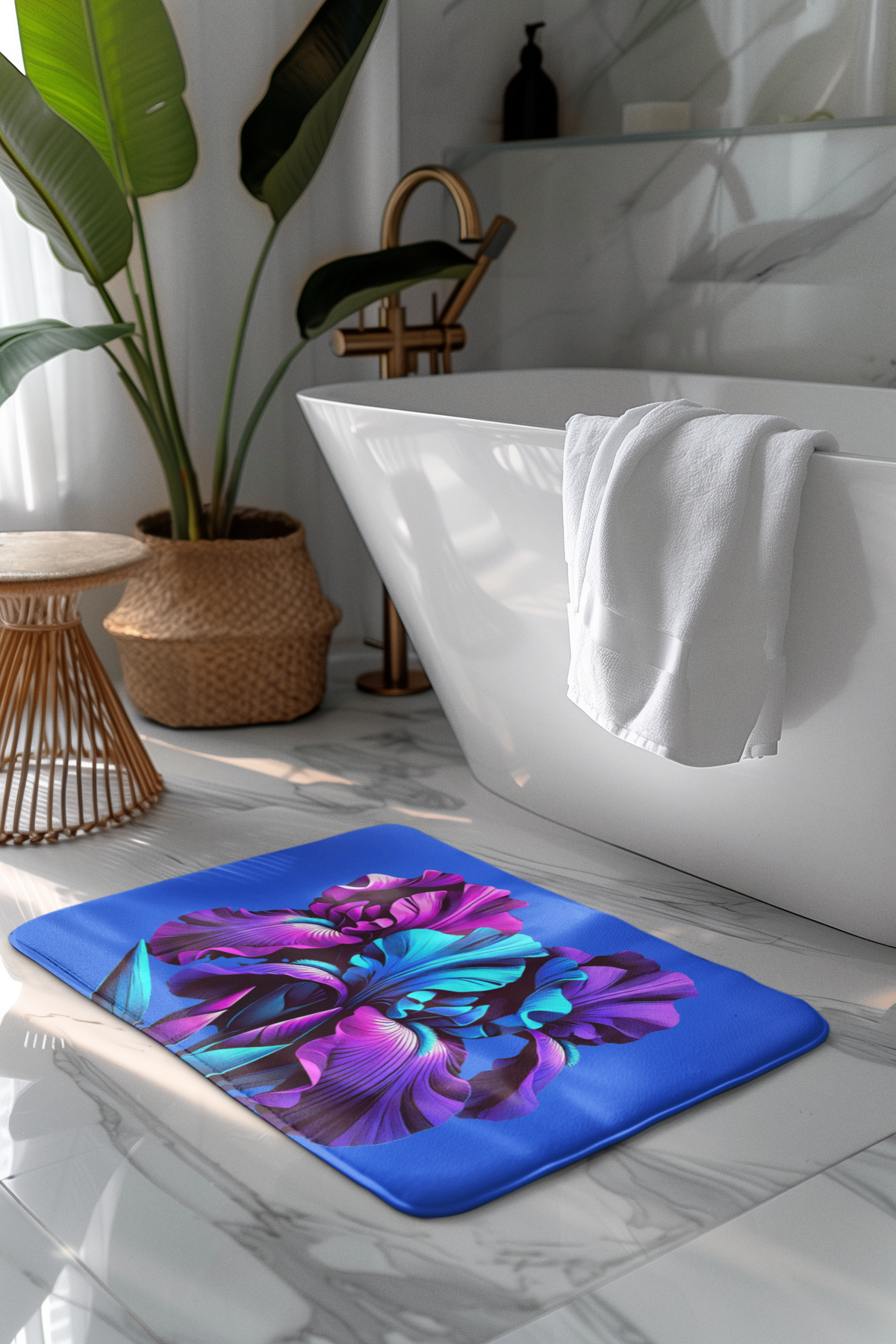Vibrant Neon Iris Bath Mat — Blue & Purple Floral Bathroom Rug
