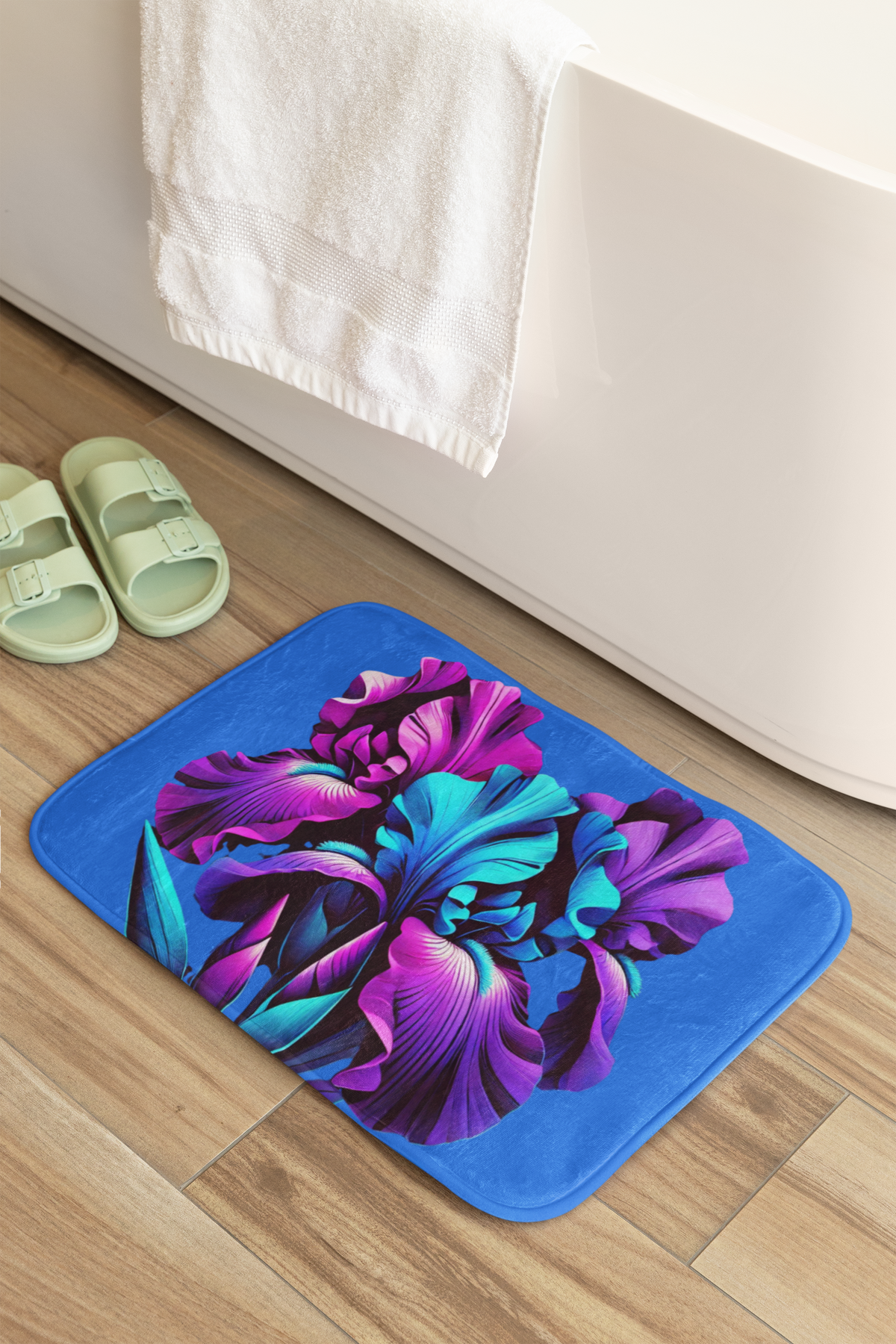 Vibrant Neon Iris Bath Mat — Blue & Purple Floral Bathroom Rug