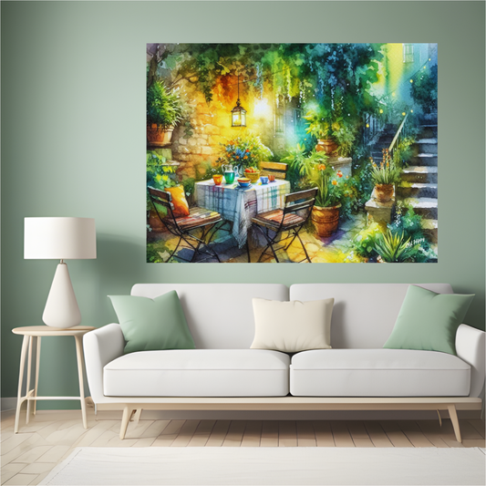 Serene Garden Bistro Canvas Print — Stretched Matte Wall Art