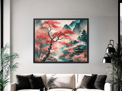 Fall in Japan Watercolor Wood Framed Canvas Wrap