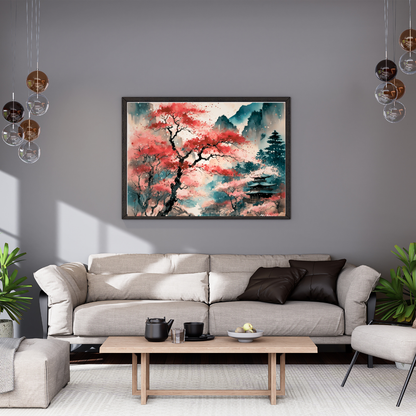 Fall in Japan Watercolor Wood Framed Canvas Wrap