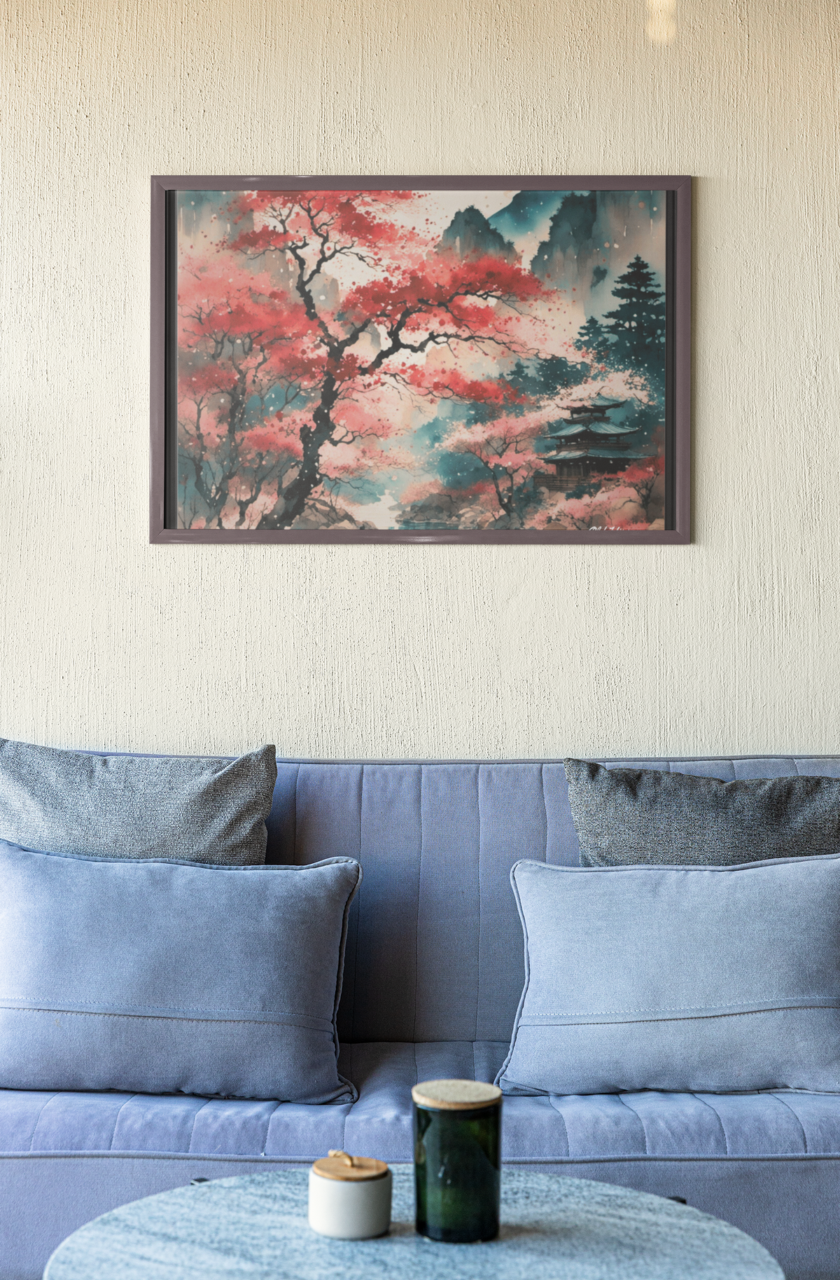 Fall in Japan Watercolor Wood Framed Canvas Wrap