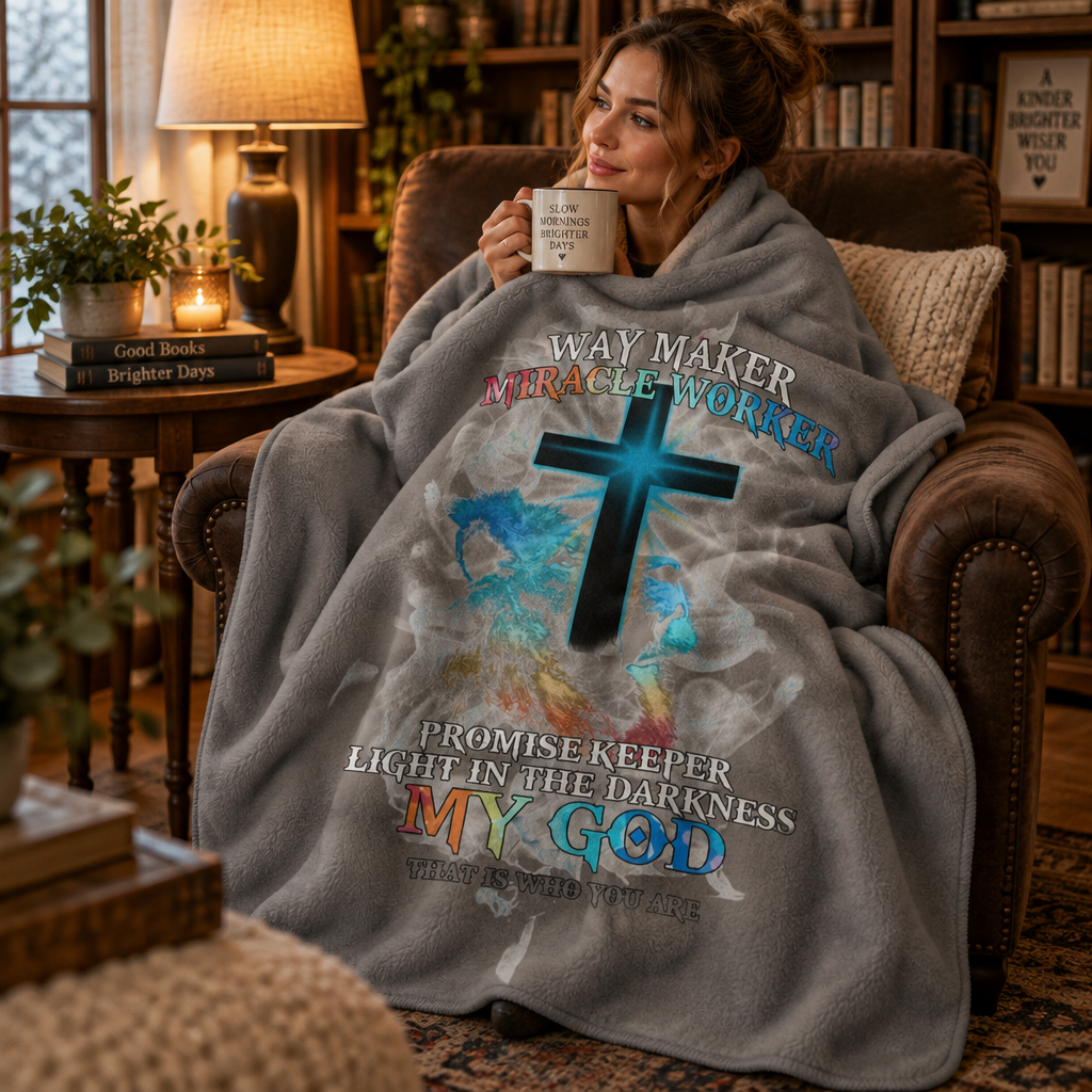 Christian Sherpa Fleece Blanket - "Way Maker, Miracle Worker" Cross Design