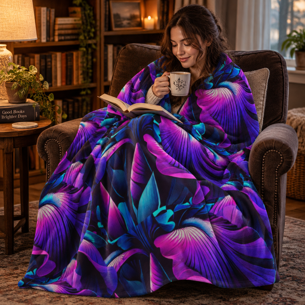 Neon Purple Iris Floral Velveteen Plush Blanket
