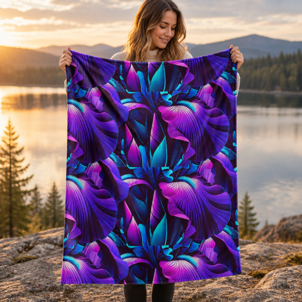 Neon Purple Iris Floral Velveteen Plush Blanket