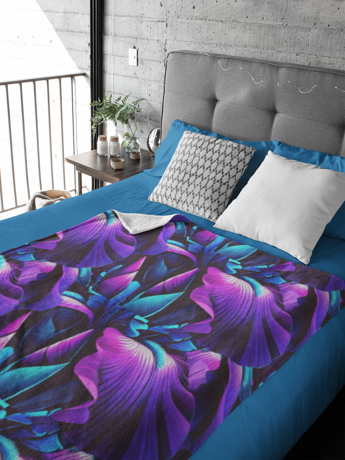 Neon Purple Iris Floral Velveteen Plush Blanket