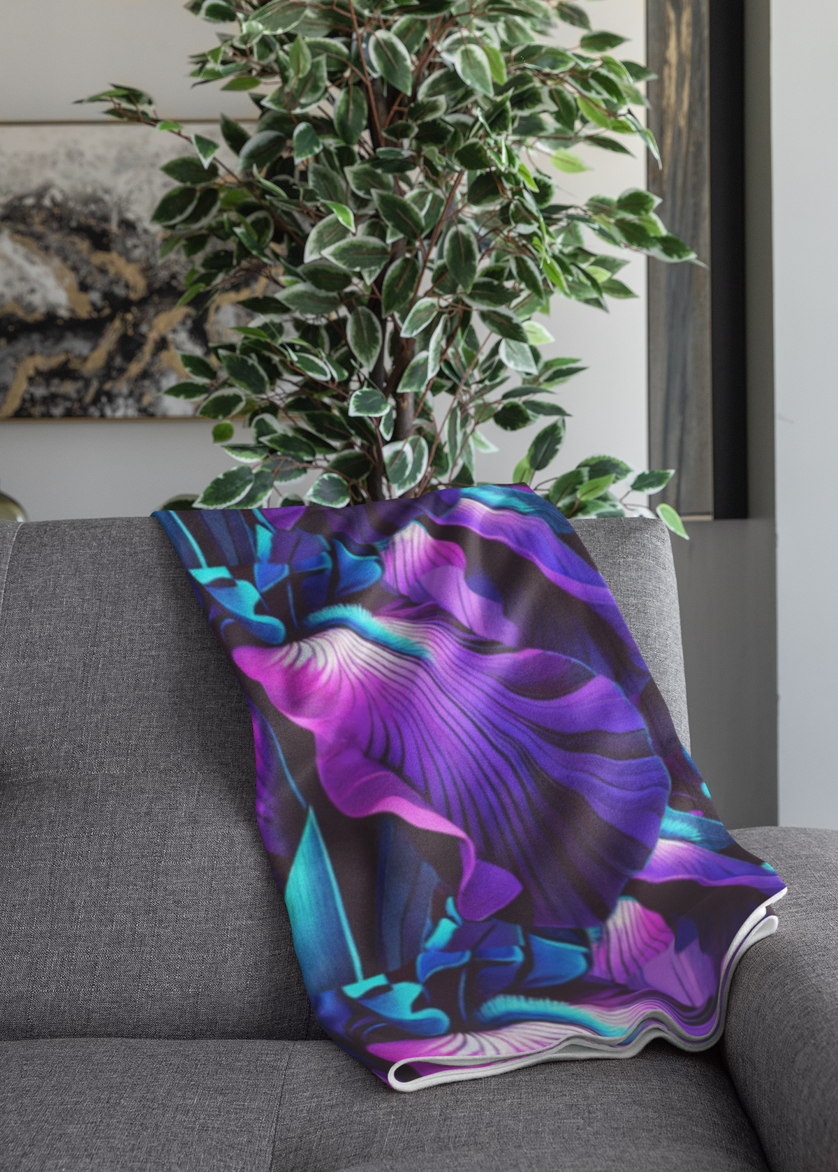 Neon Purple Iris Floral Velveteen Plush Blanket