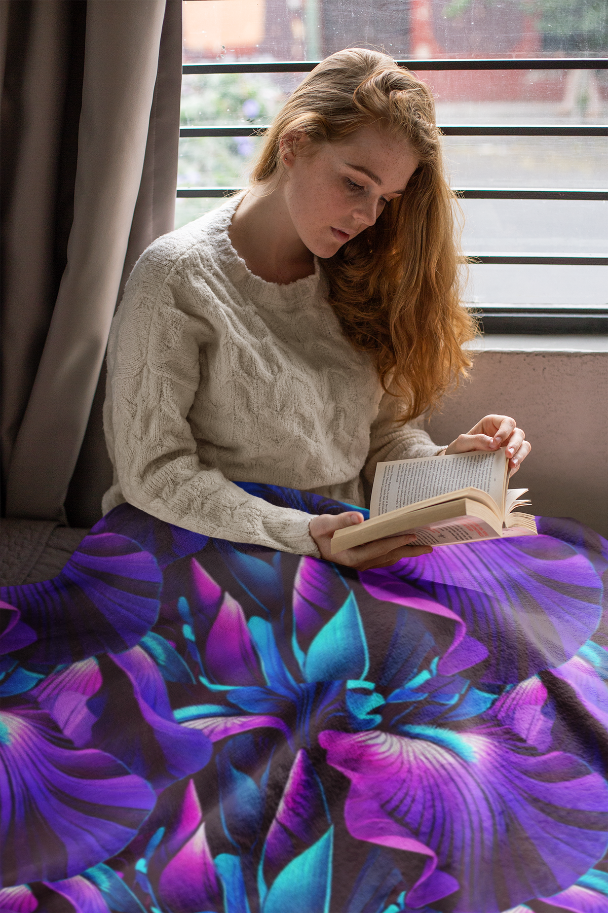 Neon Purple Iris Floral Velveteen Plush Blanket