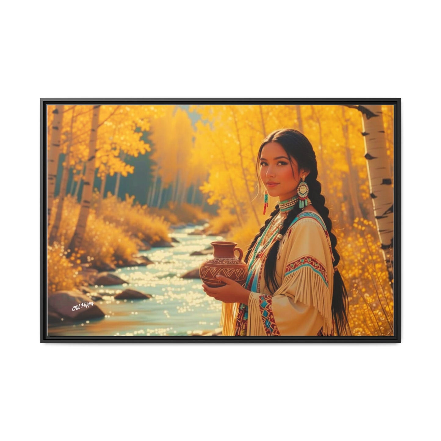 "Autumn Grace by the Stream" AI Wood Framed Canvas by Old Hippy
