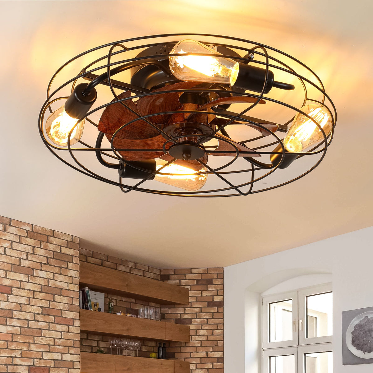 Caged Ceiling Fan With Light, 20'' Farmhouse Low Profile With Remote Control
