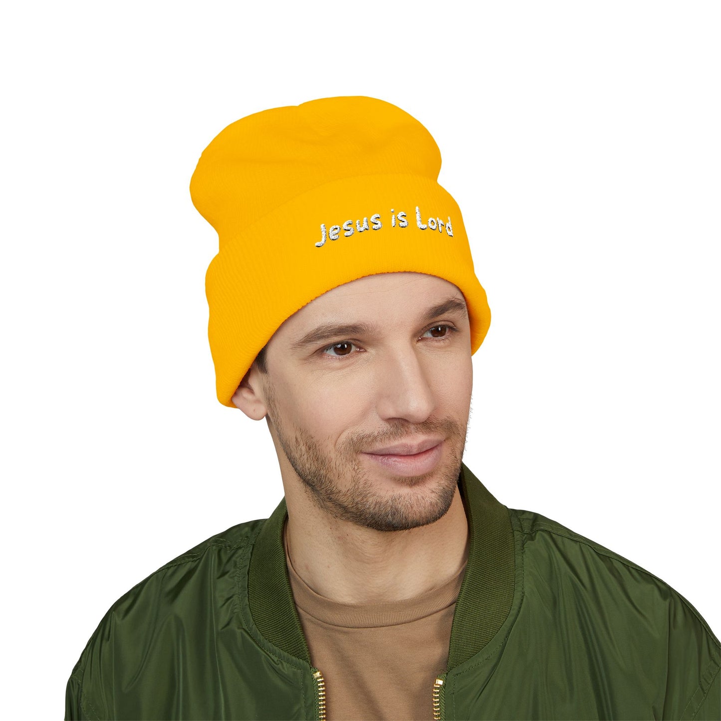 Embroidered 'Jesus is Lord' Cuffed Beanie — Christian Faith Knit Hat