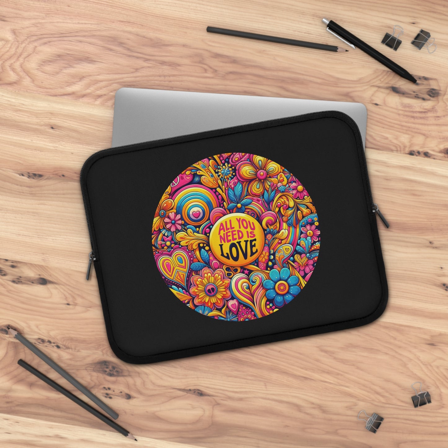Laptop Sleeve — Colorful Retro "All You Need Is Love" Floral Design