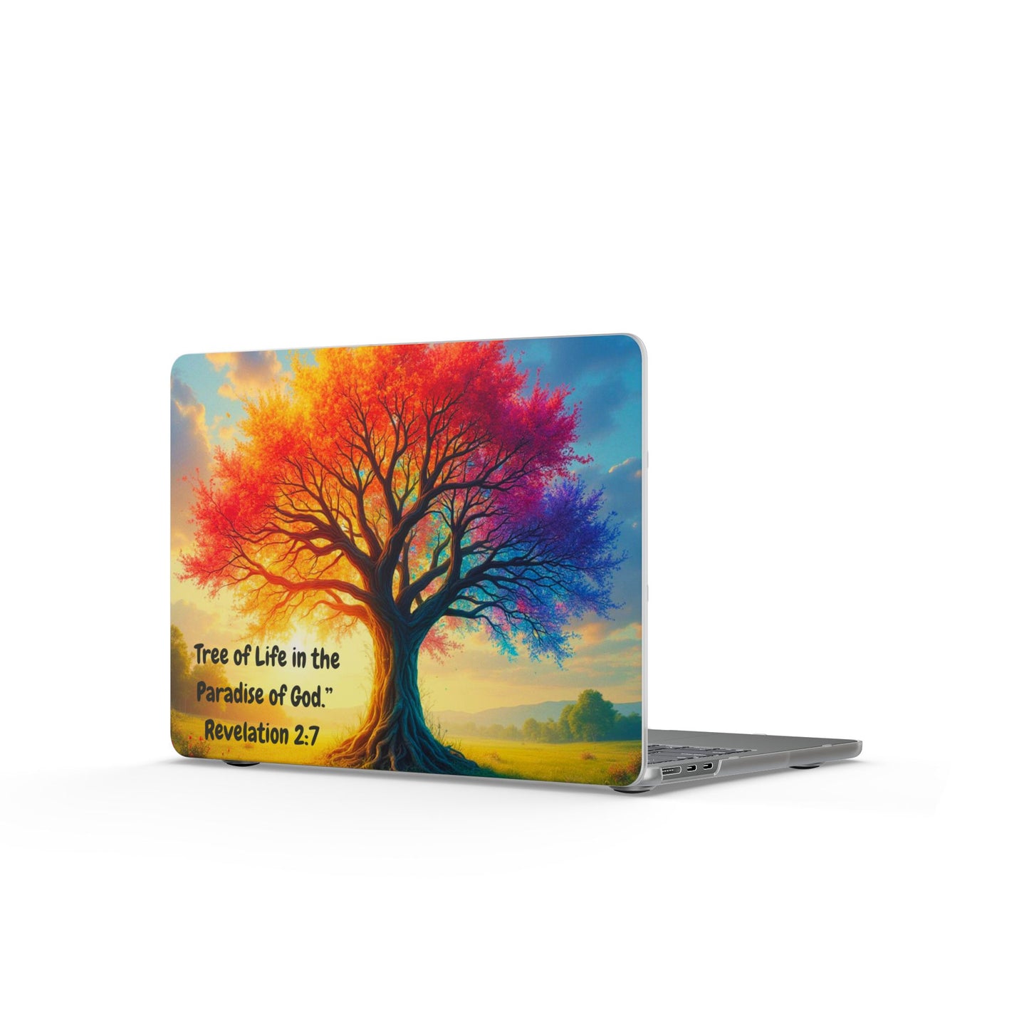 Tree of Life MacBook Case — Colorful Christian Laptop Cover with Revelation 2:7 Quote