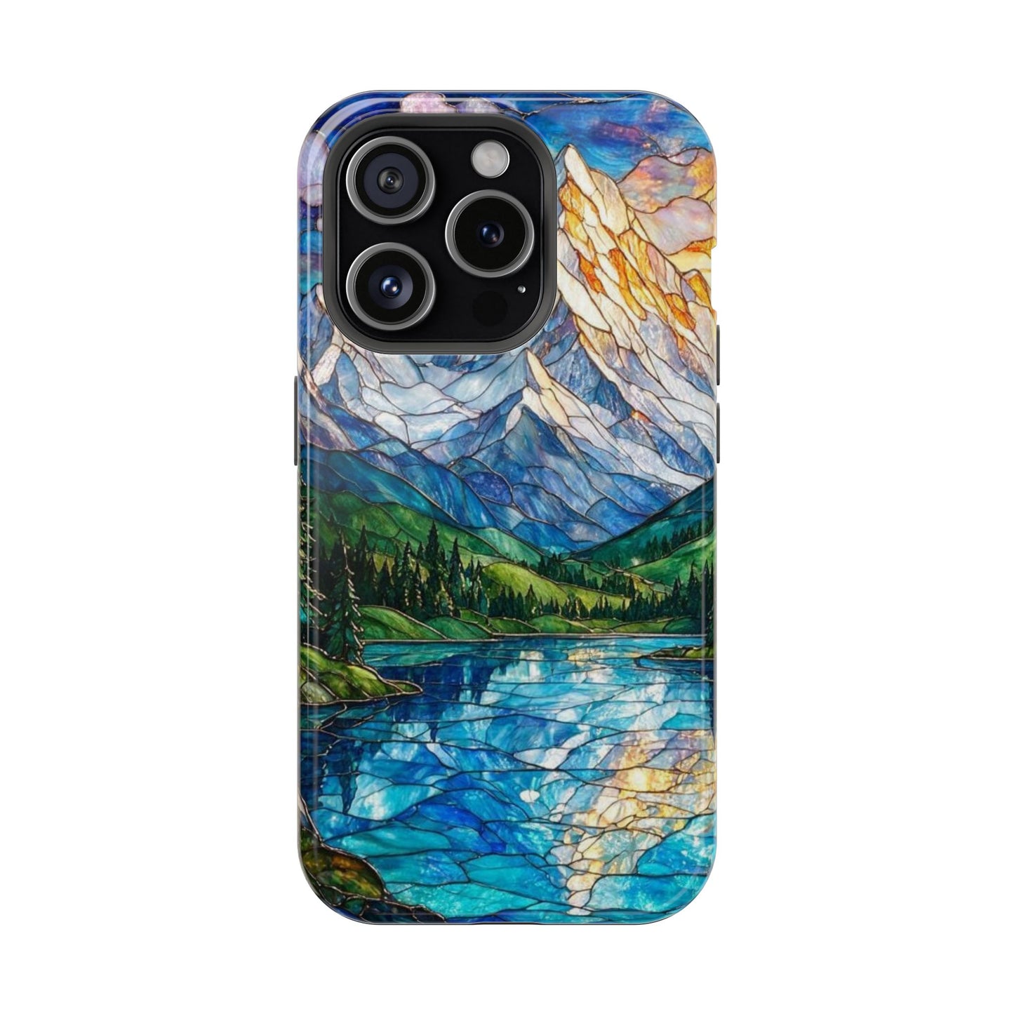 Stained Glass Mountain Lake Mosaic Phone Case — Impact-Resistant Artistic Protection