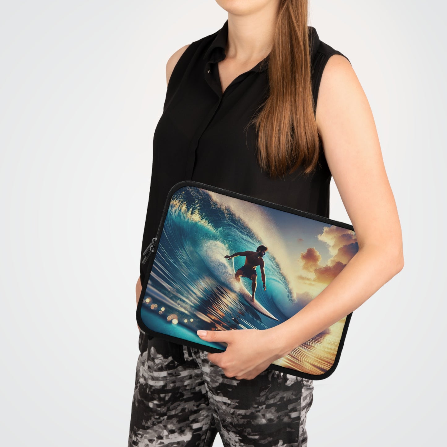 Longboard Surfer Sunrise Laptop Sleeve – Vibrant Ocean Wave Protective Case