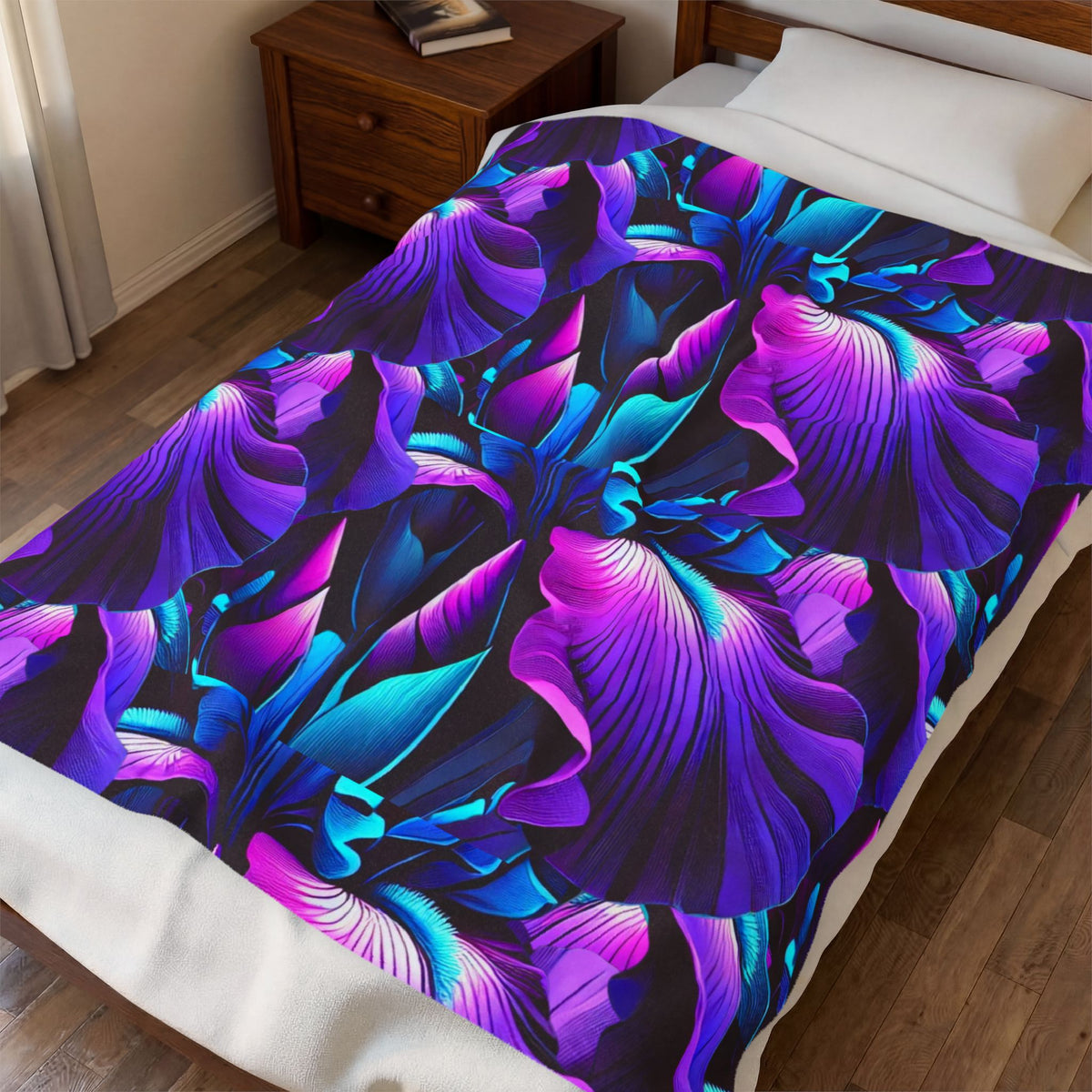 Neon Purple Iris Floral Velveteen Plush Blanket