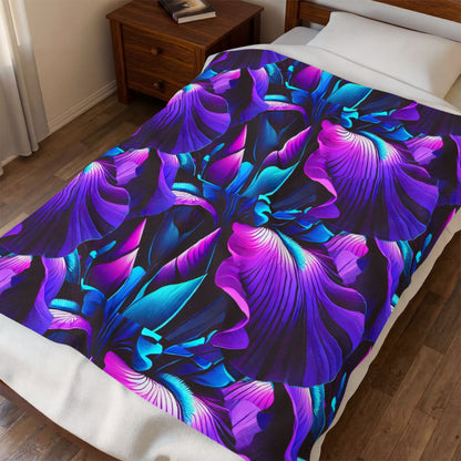 Neon Purple Iris Floral Velveteen Plush Blanket