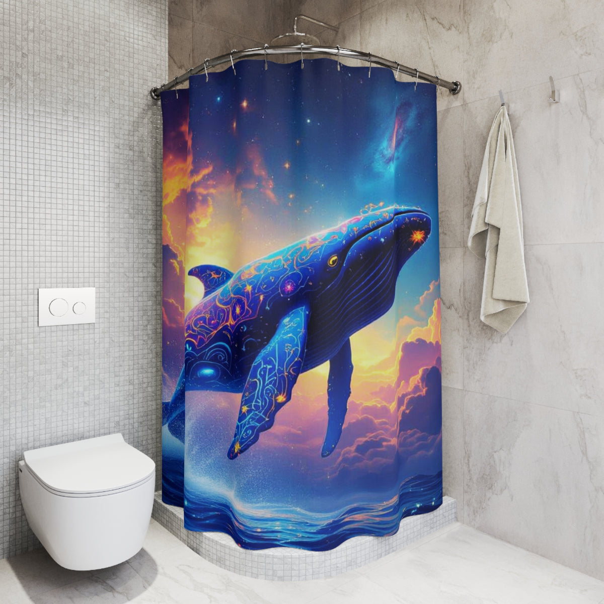 Celestial Whale Shower Curtain — Colorful Ocean Fantasy Bathroom Decor