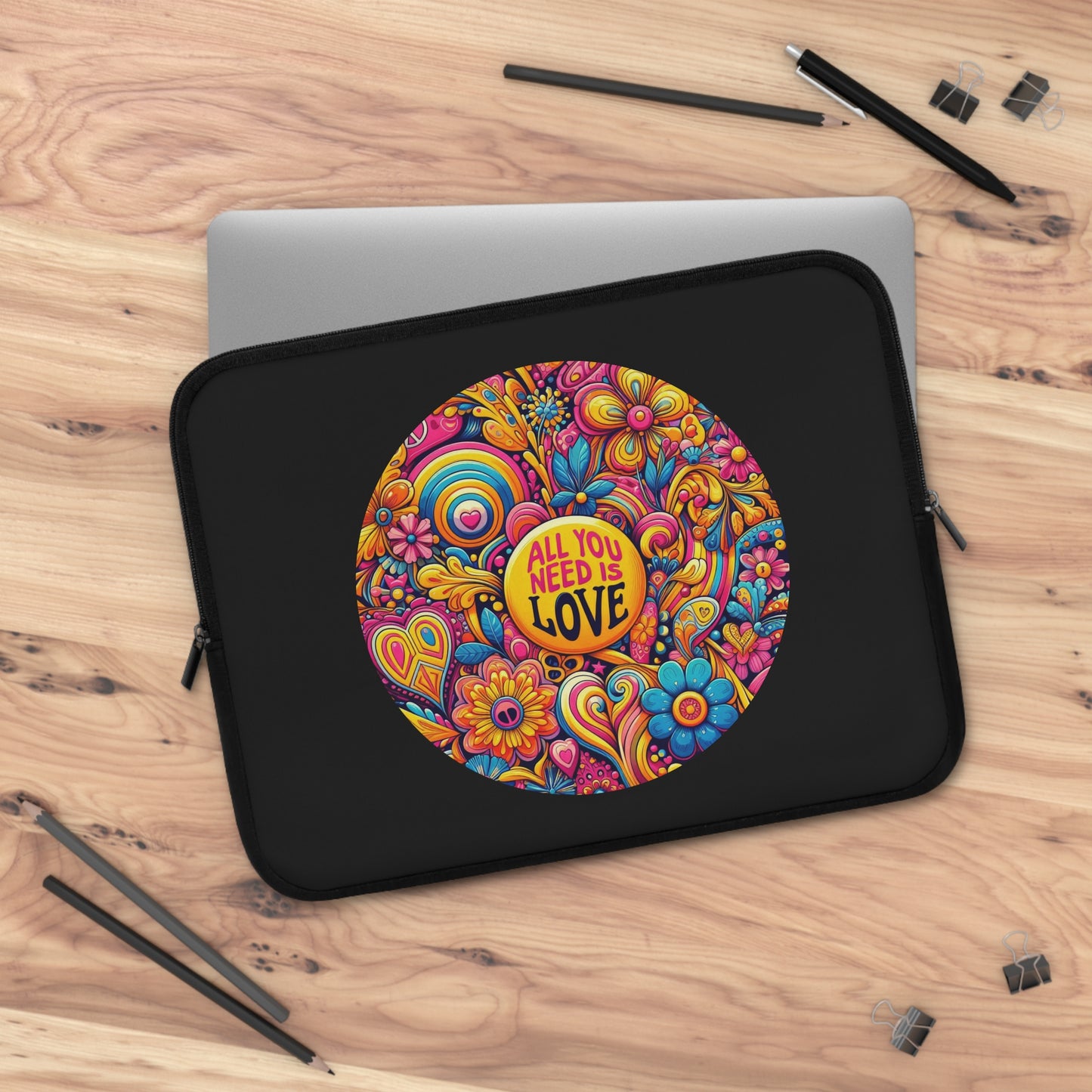 Laptop Sleeve — Colorful Retro "All You Need Is Love" Floral Design
