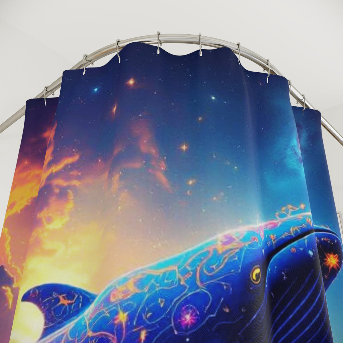 Celestial Whale Shower Curtain — Colorful Ocean Fantasy Bathroom Decor