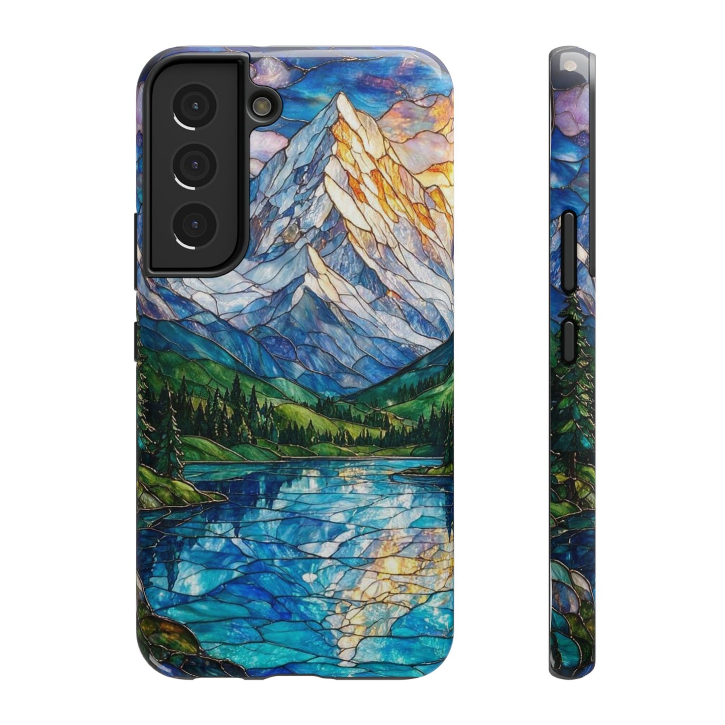 Stained Glass Mountain Lake Mosaic Phone Case — Impact-Resistant Artistic Protection