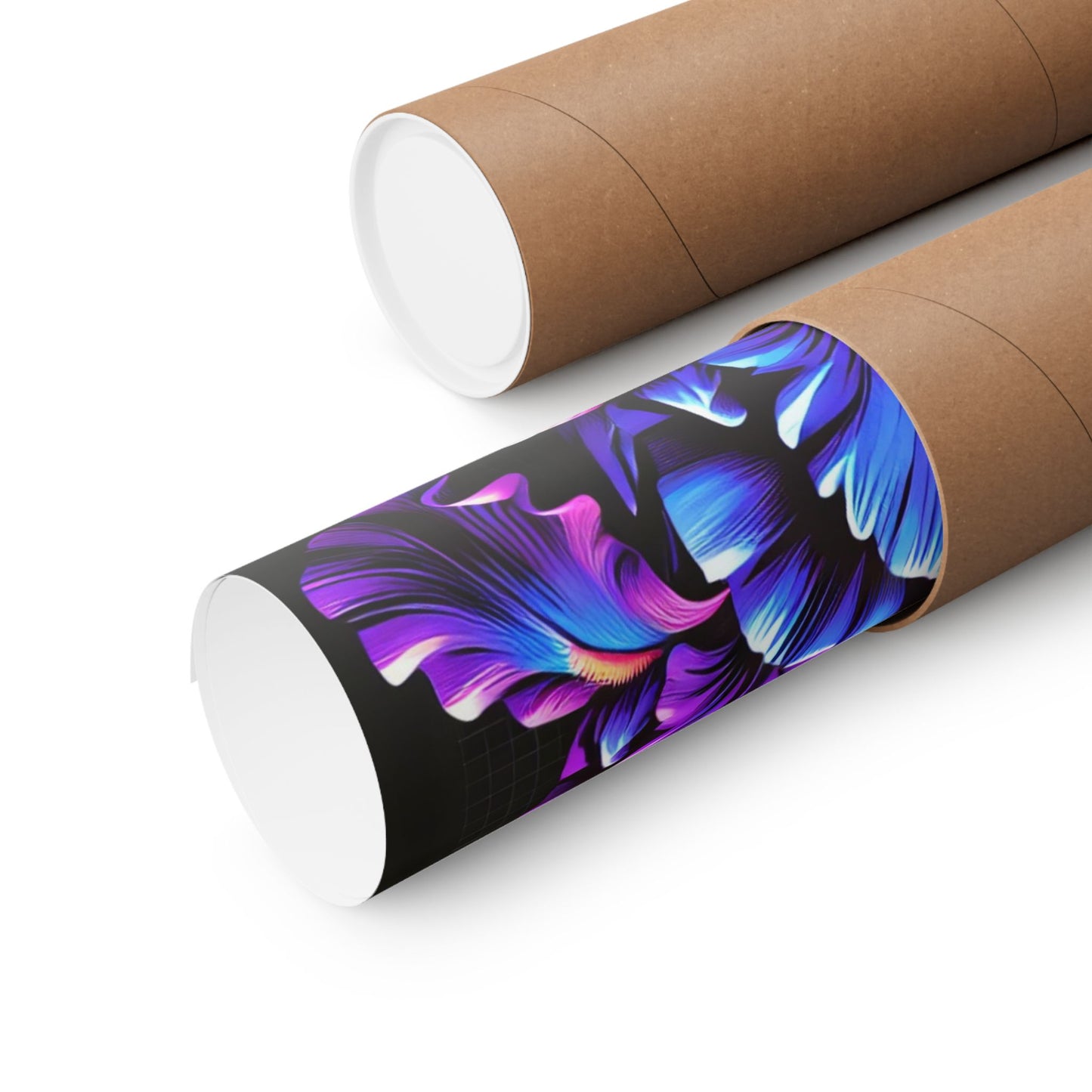 Iridescent Floral Art Poster — Neon Purple & Blue Matte Horizontal Print