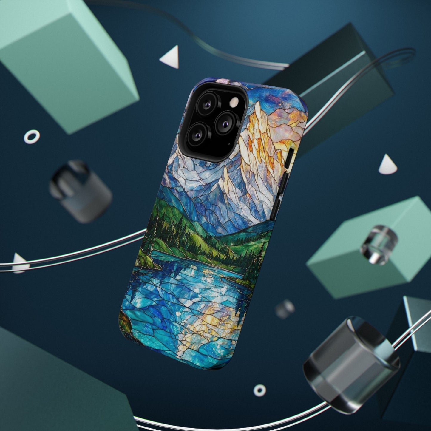 Stained Glass Mountain Lake Mosaic Phone Case — Impact-Resistant Artistic Protection
