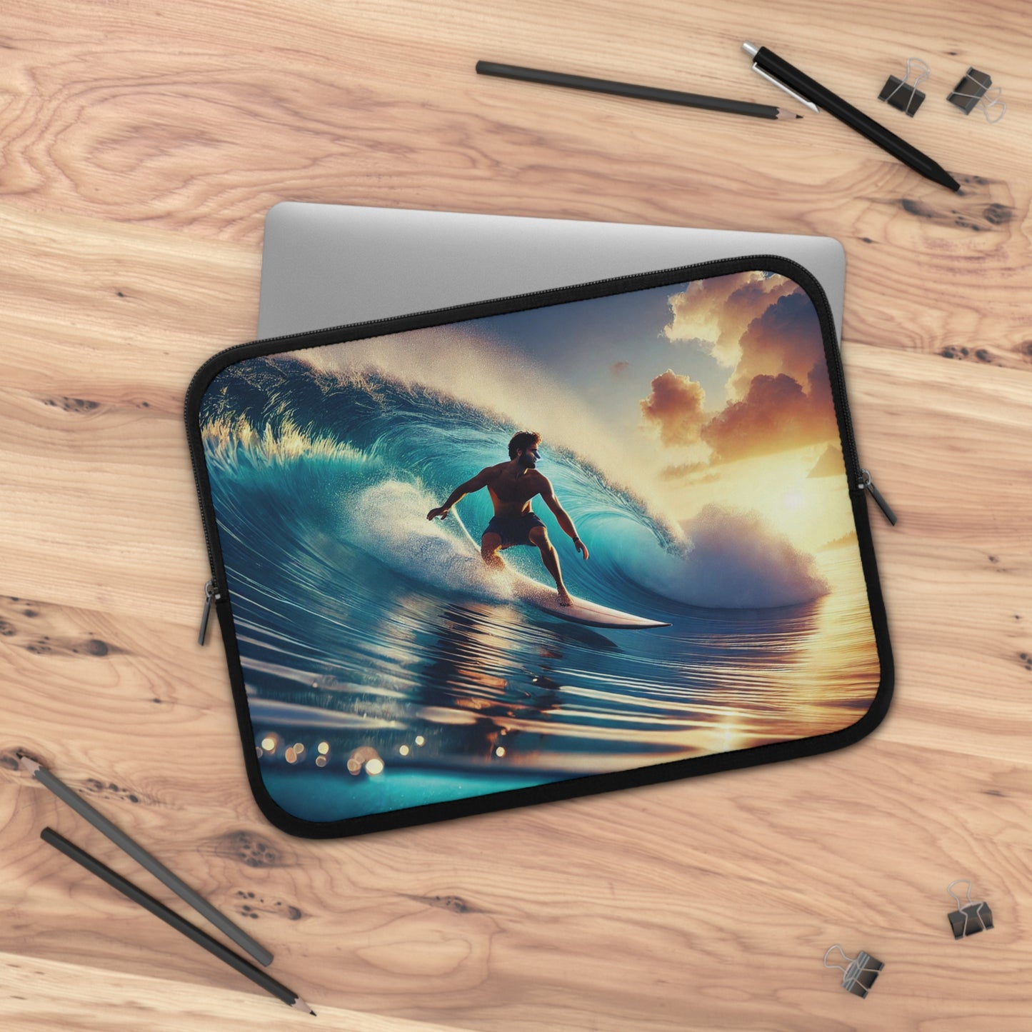 Longboard Surfer Sunrise Laptop Sleeve – Vibrant Ocean Wave Protective Case