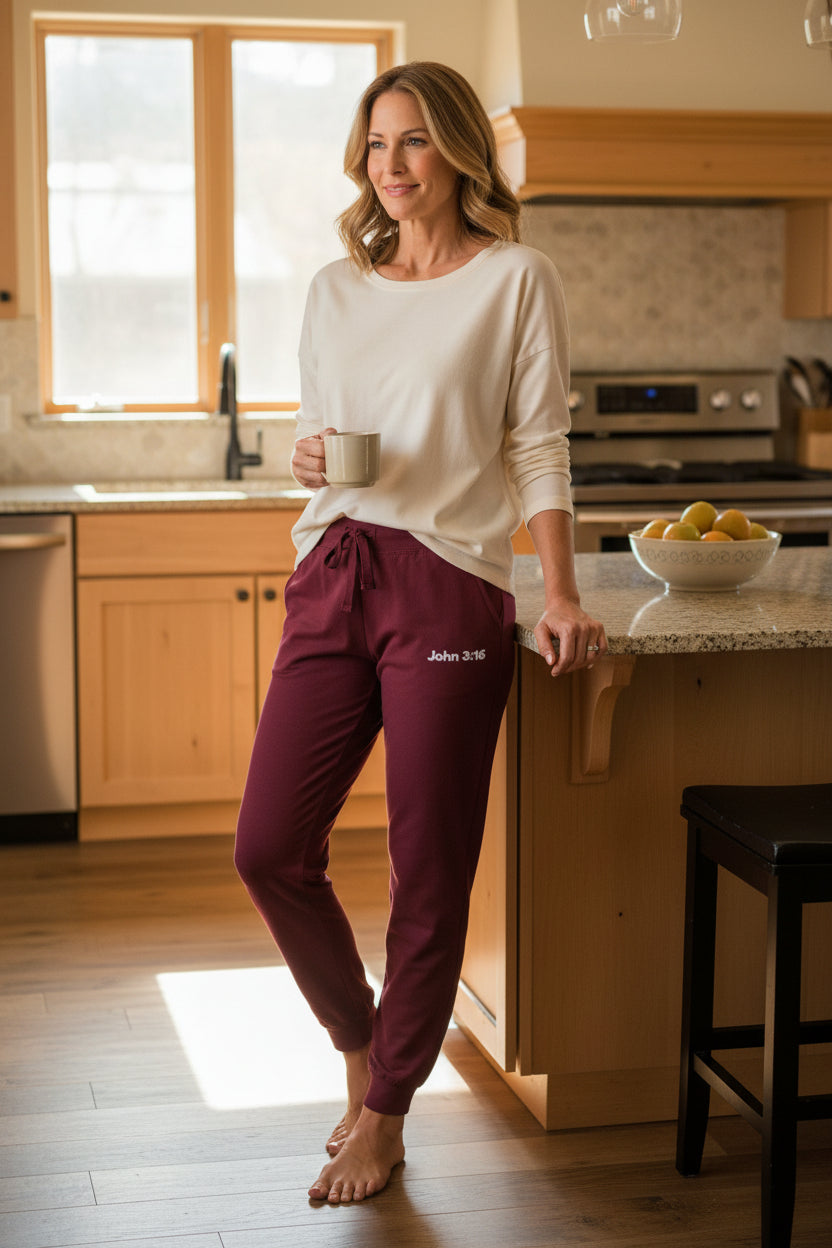 Embroidered Cozy Sweatpants — Casual Fleece Joggers with John 3:16 Script Logo