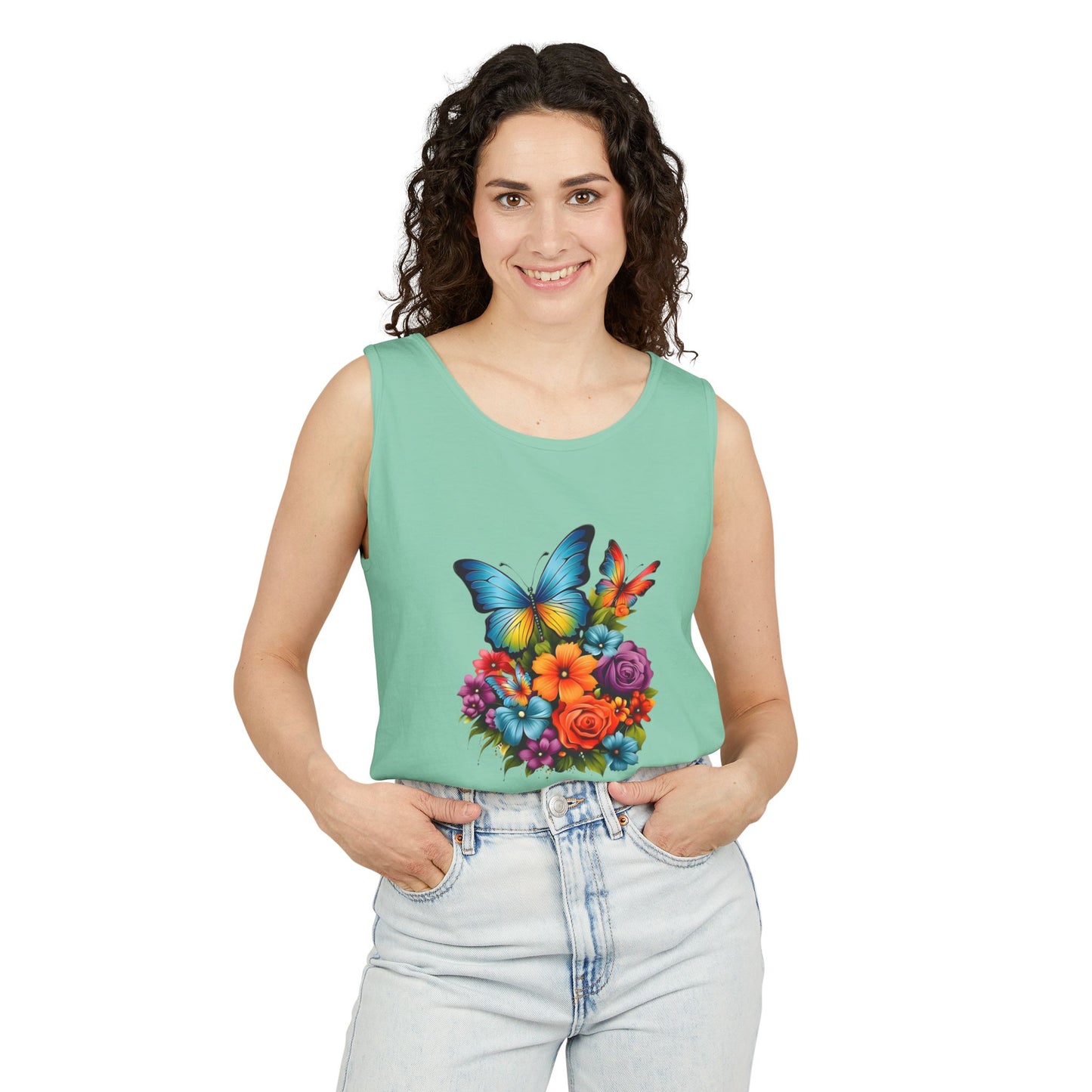 Butterfly Floral Tank Top — Colorful Garden Print Summer Tee