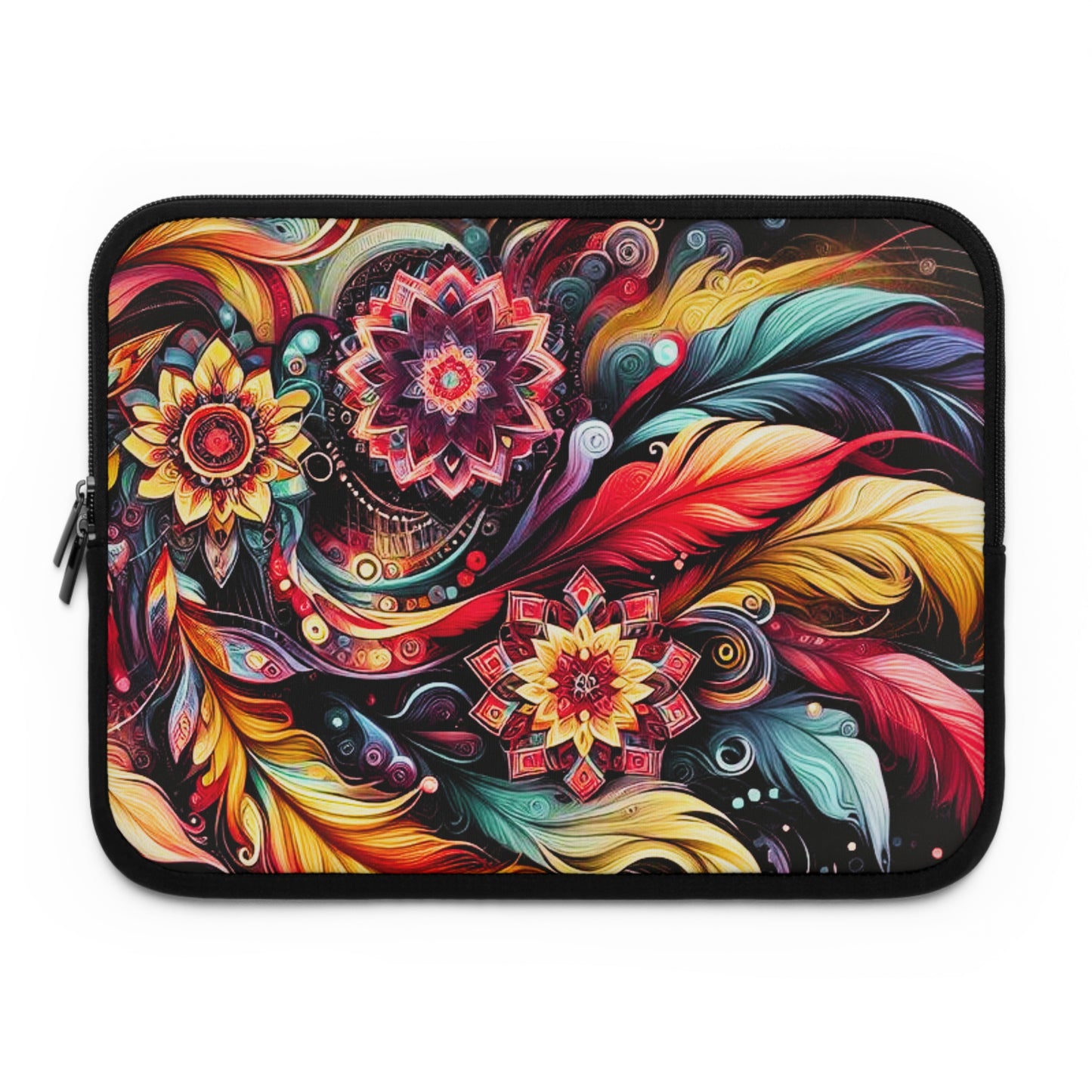 Colorful Floral Mandala Laptop Sleeve — Vibrant Boho Feather Design