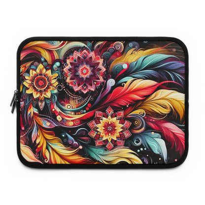 Colorful Floral Mandala Laptop Sleeve — Vibrant Boho Feather Design