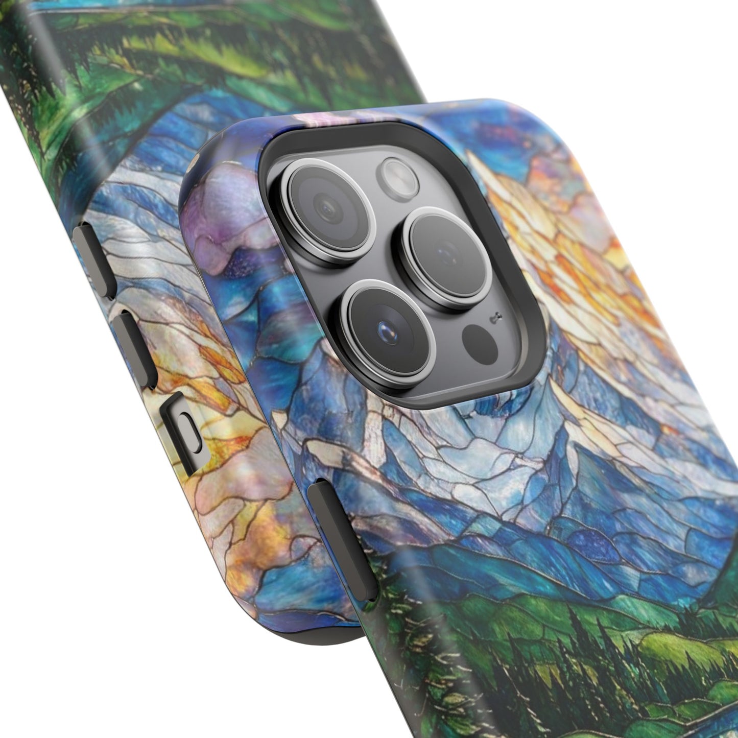 Stained Glass Mountain Lake Mosaic Phone Case — Impact-Resistant Artistic Protection