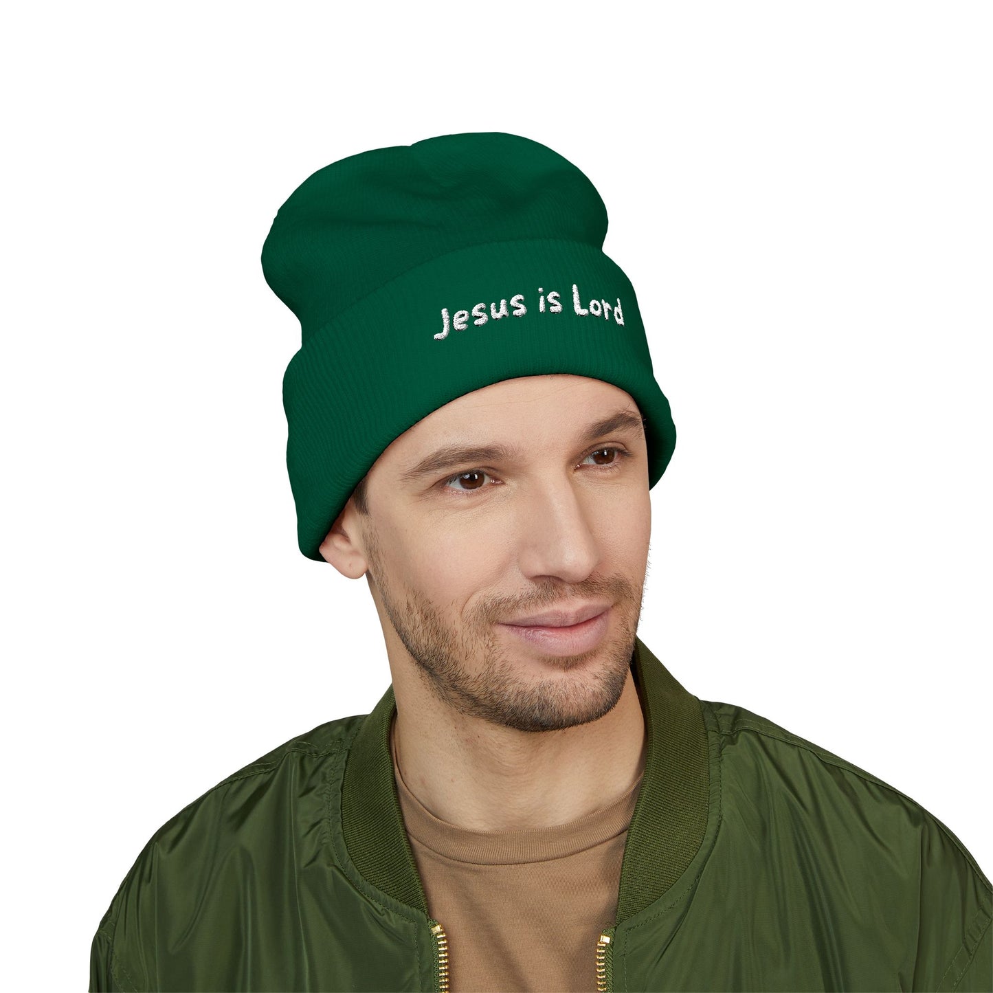 Embroidered 'Jesus is Lord' Cuffed Beanie — Christian Faith Knit Hat
