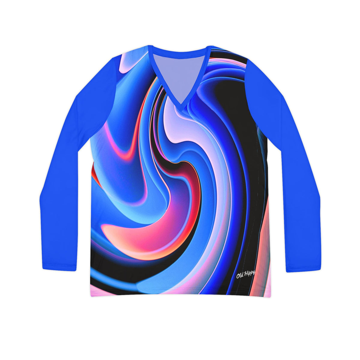 Abstract Swirl V‑Neck Long Sleeve — Blue Pink Artistic Women's Top