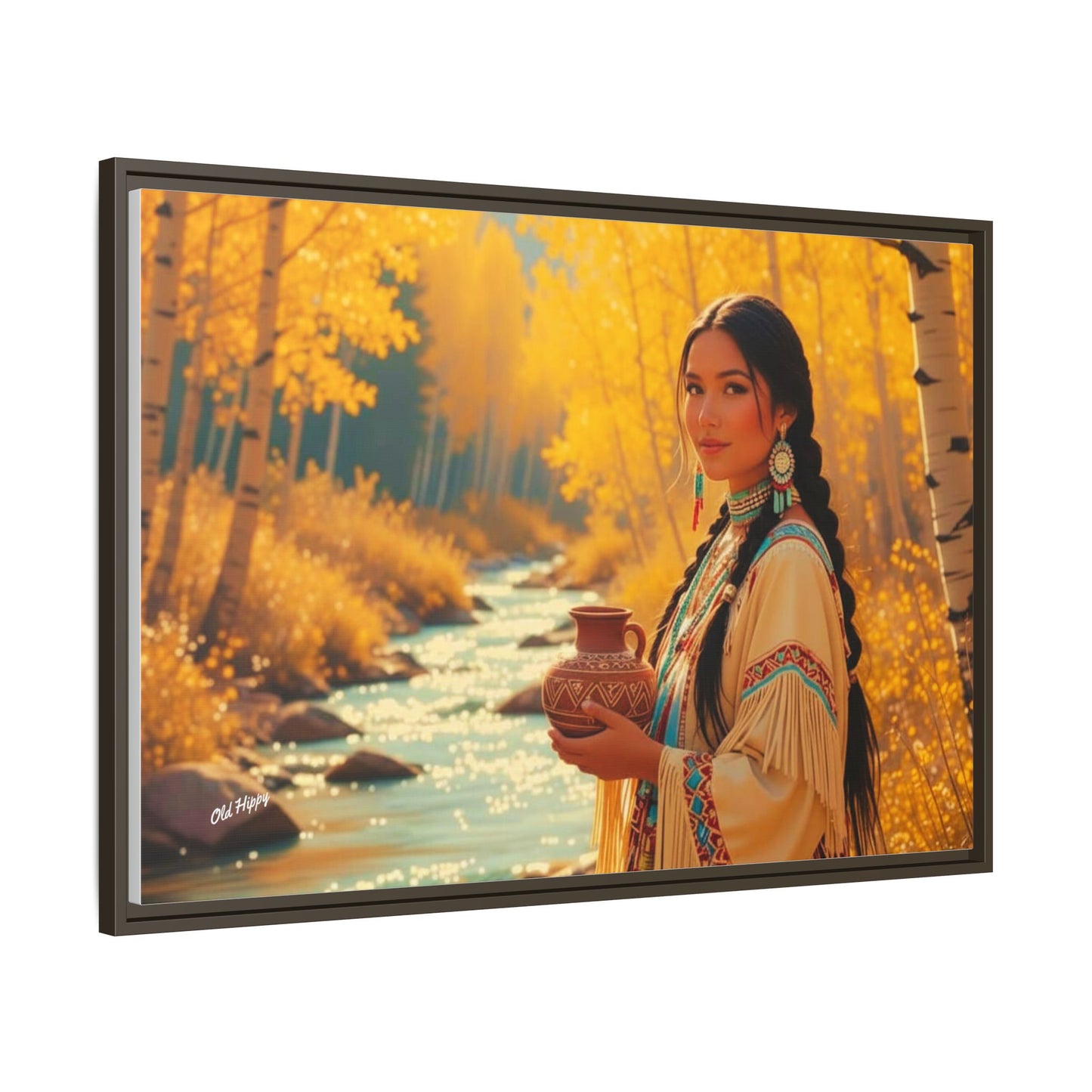 "Autumn Grace by the Stream" AI Wood Framed Canvas by Old Hippy