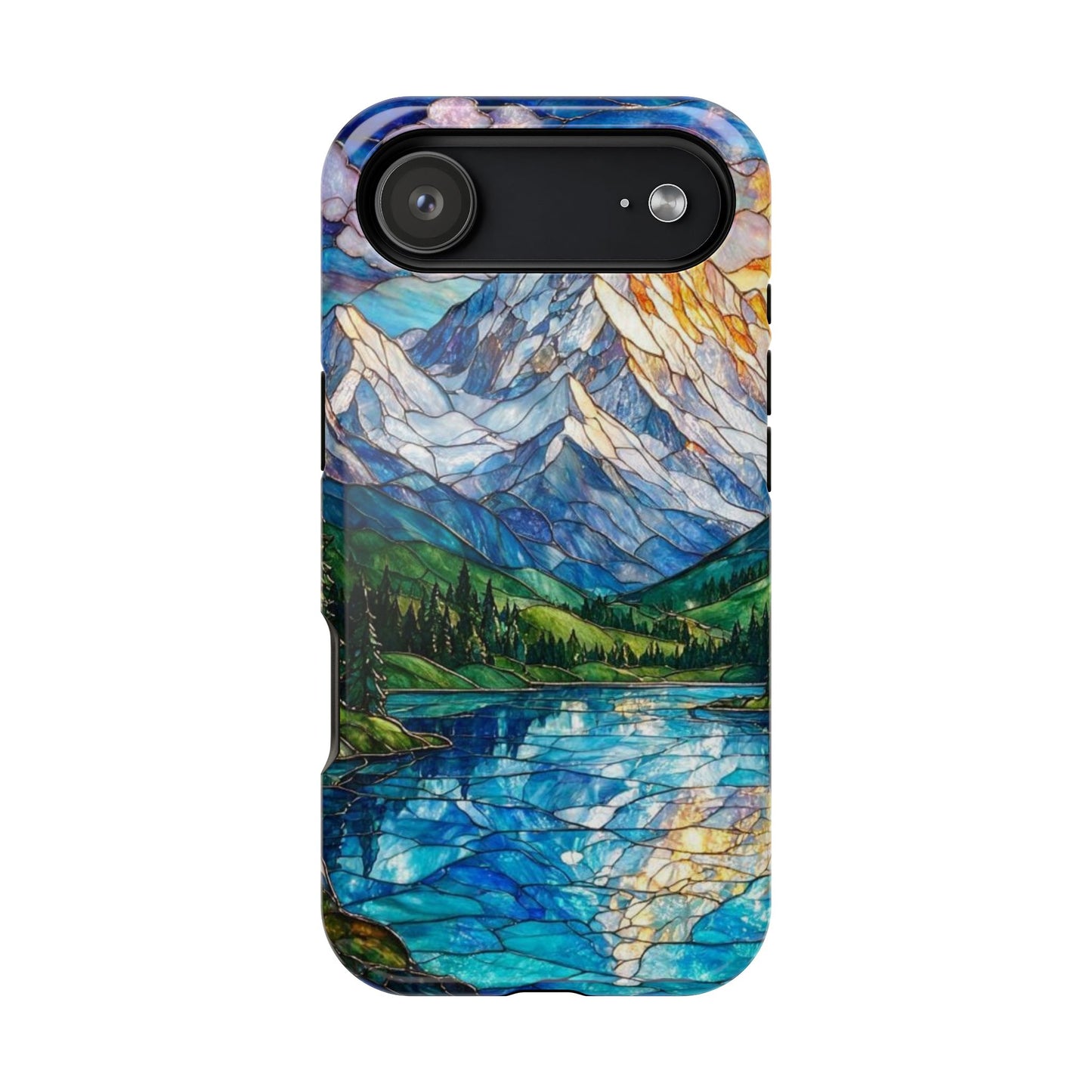 Stained Glass Mountain Lake Mosaic Phone Case — Impact-Resistant Artistic Protection