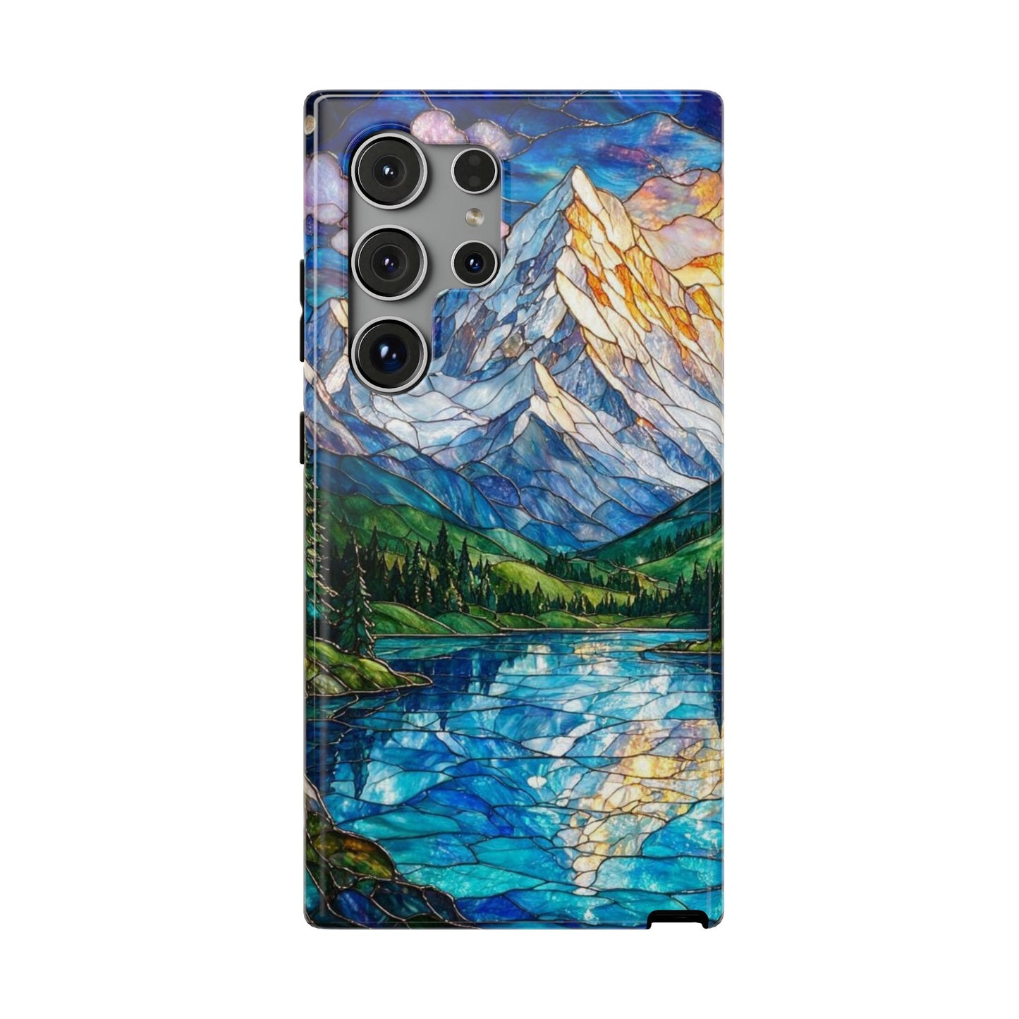 Stained Glass Mountain Lake Mosaic Phone Case — Impact-Resistant Artistic Protection