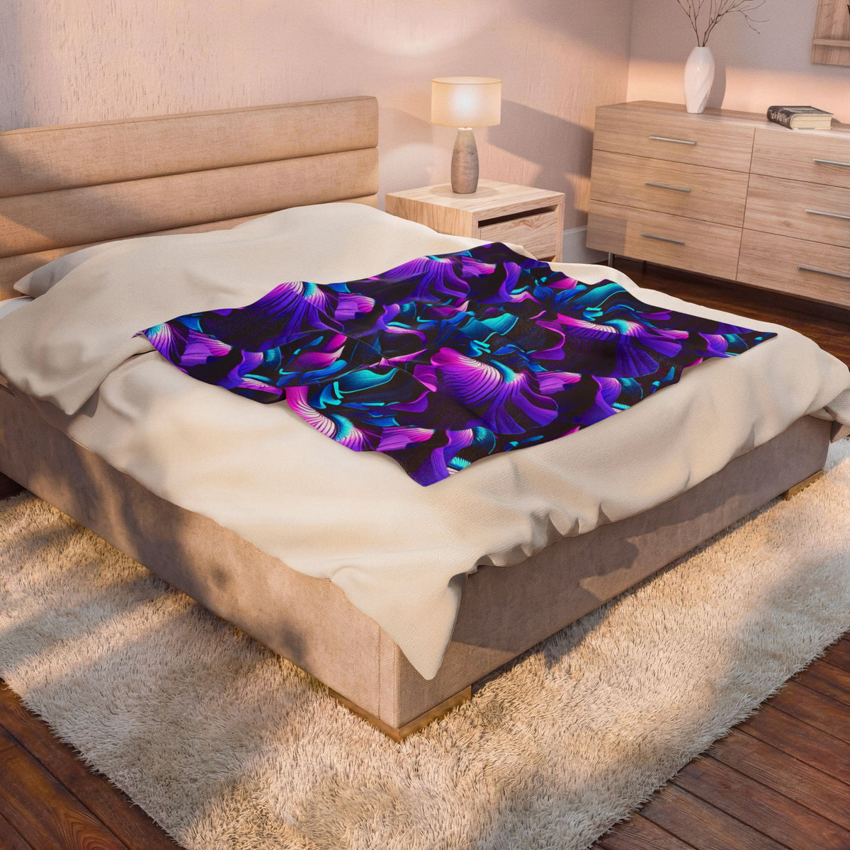 Neon Purple Iris Floral Velveteen Plush Blanket