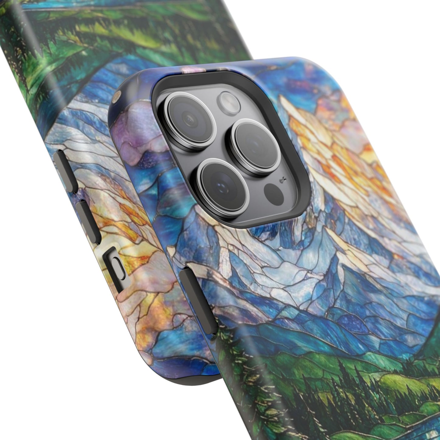Stained Glass Mountain Lake Mosaic Phone Case — Impact-Resistant Artistic Protection