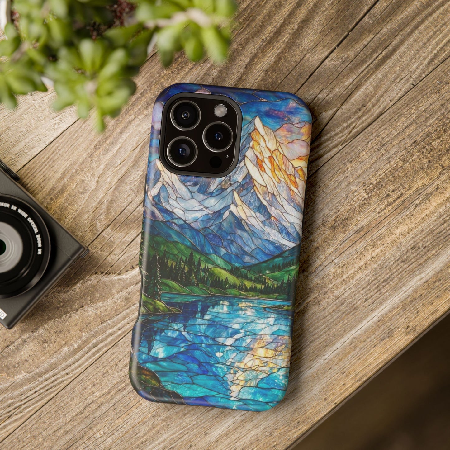 Stained Glass Mountain Lake Mosaic Phone Case — Impact-Resistant Artistic Protection