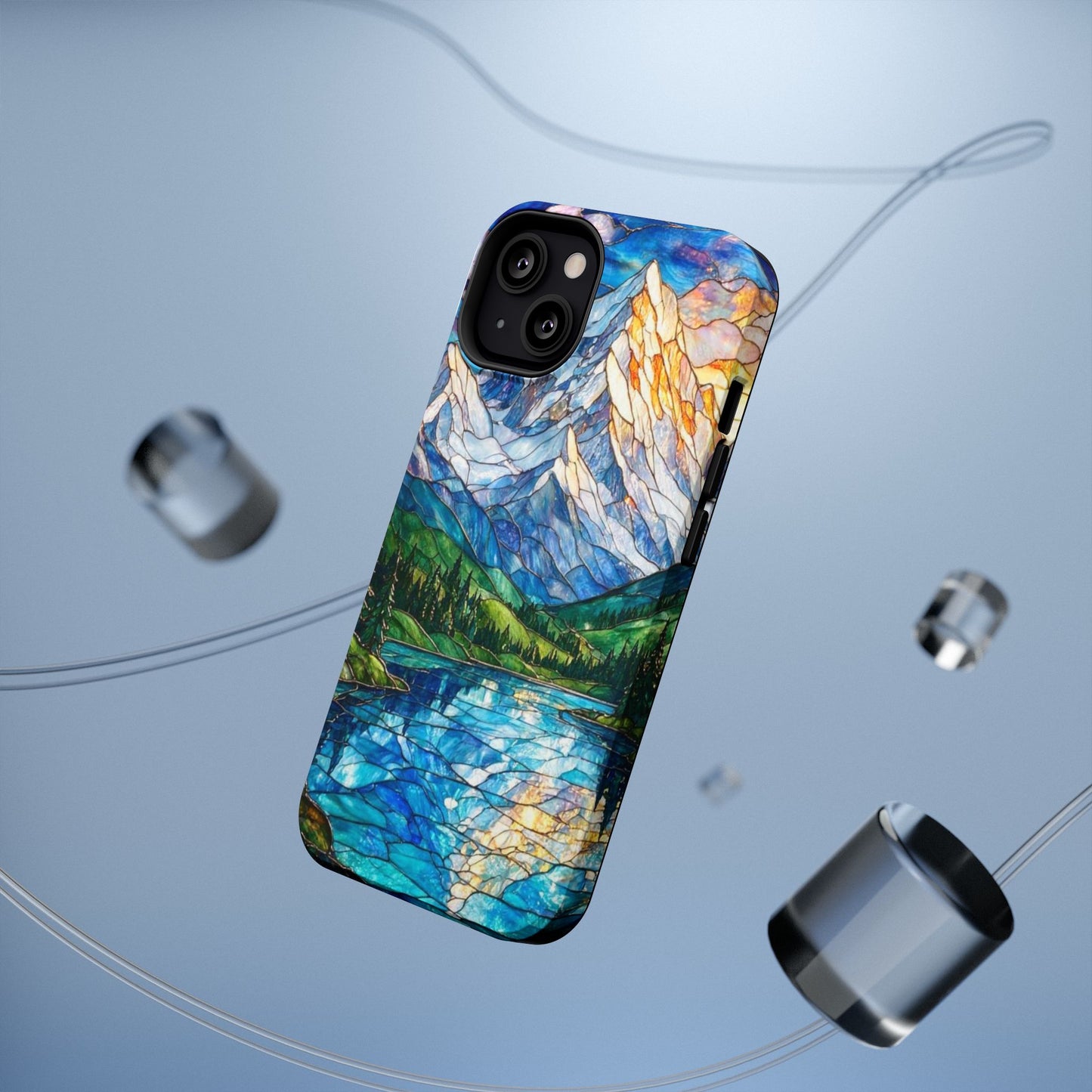 Stained Glass Mountain Lake Mosaic Phone Case — Impact-Resistant Artistic Protection