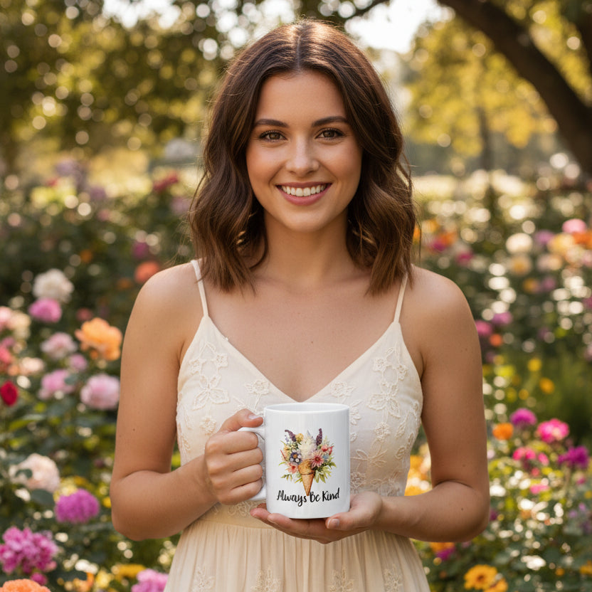 Always Be Kind Floral Ceramic Mug — Inspirational Coffee Cup (11oz, 15oz)