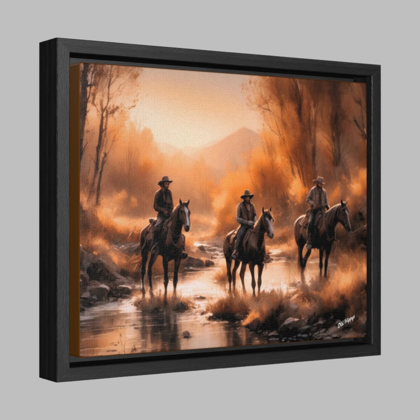 Cowboys Crossing A Stream Wood Framed Canvas Wrap