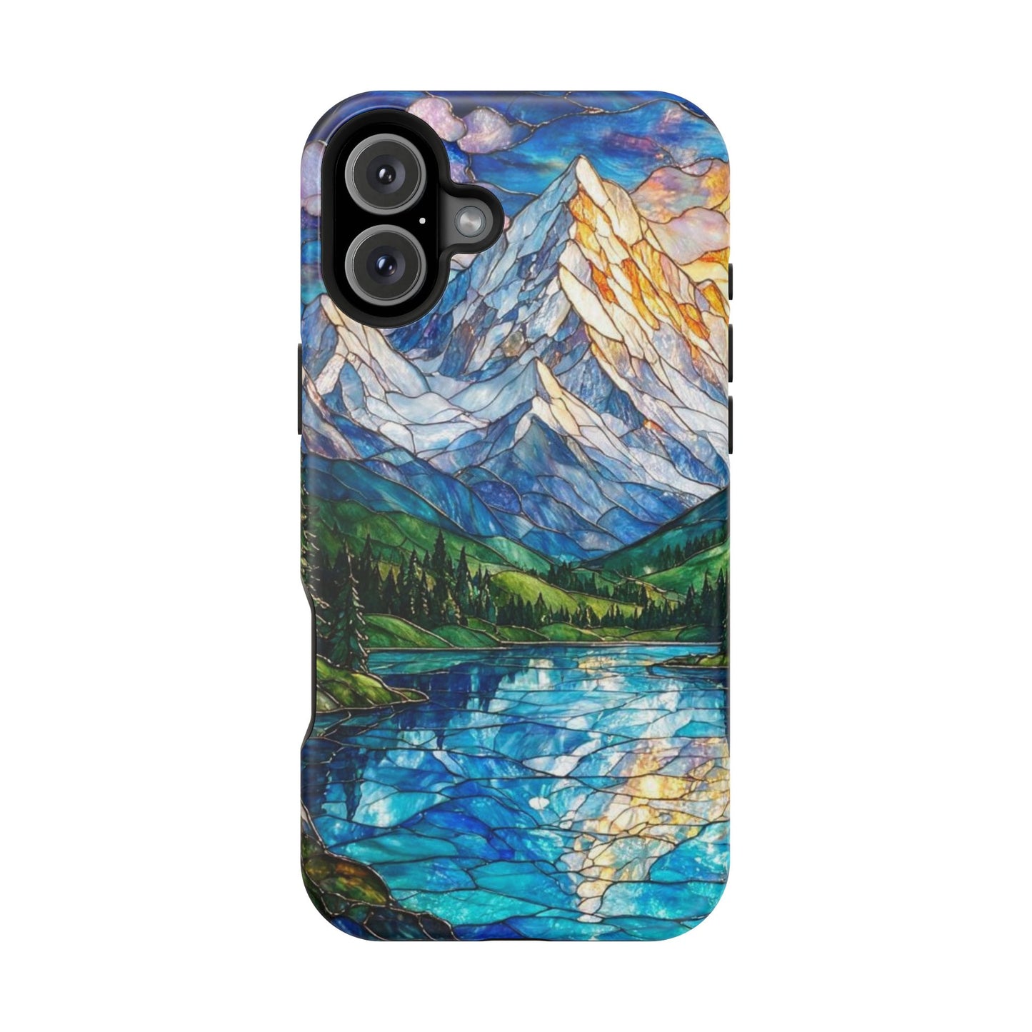 Stained Glass Mountain Lake Mosaic Phone Case — Impact-Resistant Artistic Protection