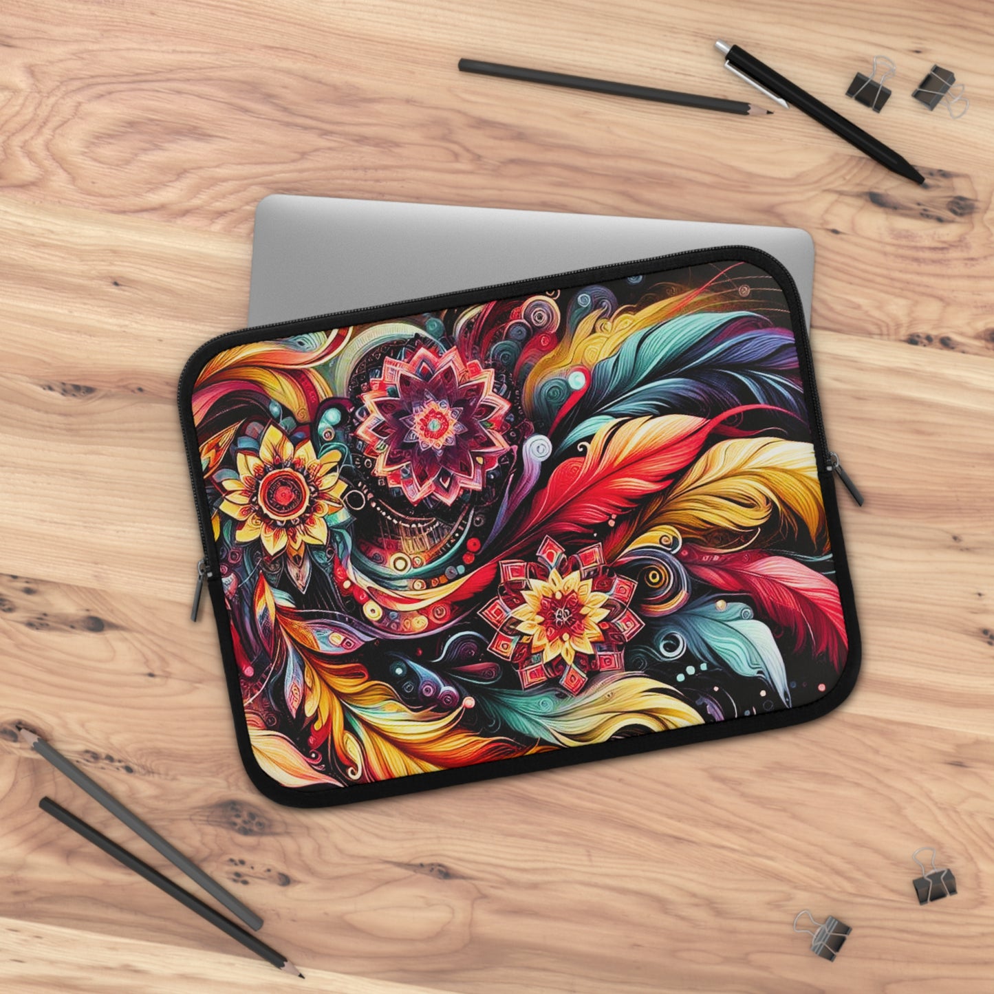 Colorful Floral Mandala Laptop Sleeve — Vibrant Boho Feather Design
