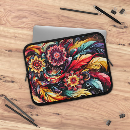 Colorful Floral Mandala Laptop Sleeve — Vibrant Boho Feather Design