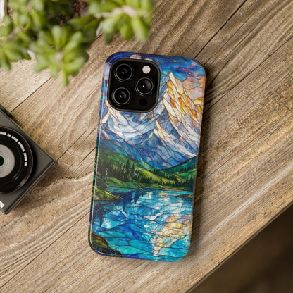 Stained Glass Mountain Lake Mosaic Phone Case — Impact-Resistant Artistic Protection