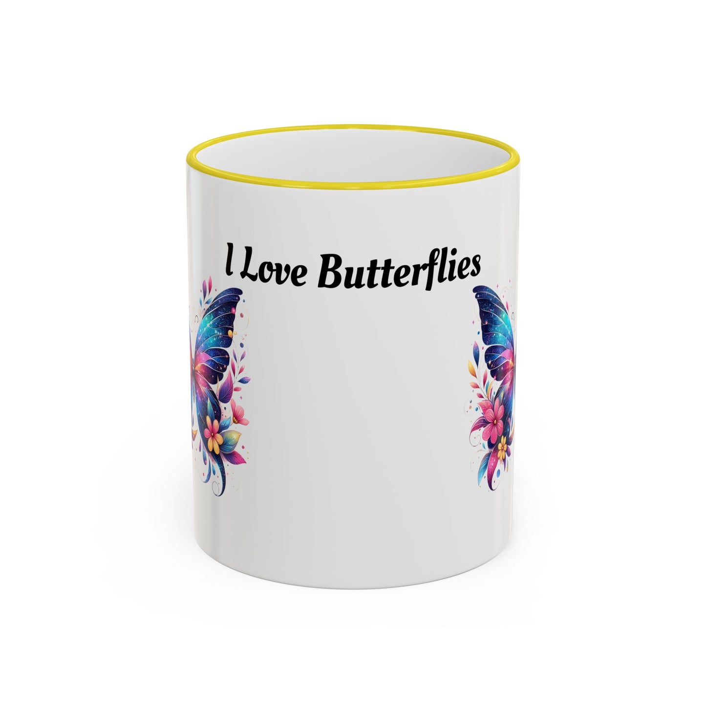 I Love Butterflies Accent Rim Mug — Floral Butterfly Coffee Cup (11oz/15oz)